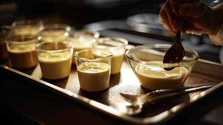 A chef skillfully prepares a creamy dessert in a kitchen, highlighting the delicate textures and flavors as ingredients blend in glass bowls.の素材