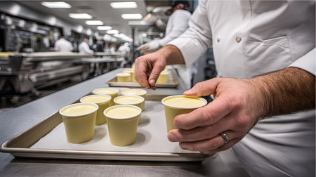 A chef skillfully prepares dessert cups in a bustling professional kitchen, showcasing hands-on techniques and attention to detail in culinary arts.の素材