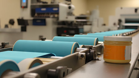 A close-up view of a conveyor belt in an industrial printing facility showcasing blue rolls and a cream jar, highlighting the production process and equipment.の素材
