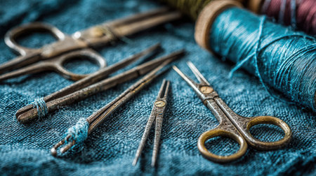 A close-up view of vintage sewing tools including scissors and needles arranged on a textured blue fabric. An artistic display emphasizing craftsmanship.の素材