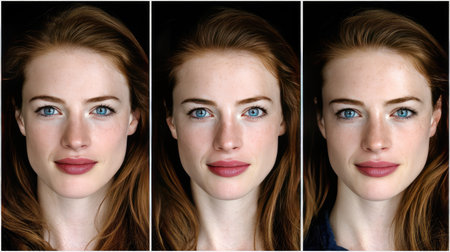 This image features a series of three captivating female portraits, showcasing different expressions and lighting against a black background, highlighting beauty and emotion.の素材