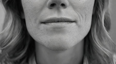 This striking black and white close-up portrait captures the unique beauty of a womanの素材