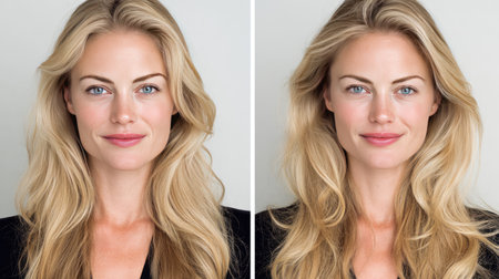 This image showcases a stunning transformation of a woman with long hair, highlighting two distinct hairstyles against a neutral background.の素材