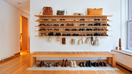 A beautifully arranged shoe rack features various styles of footwear, highlighting modern minimalism in a bright and inviting interior design.の素材