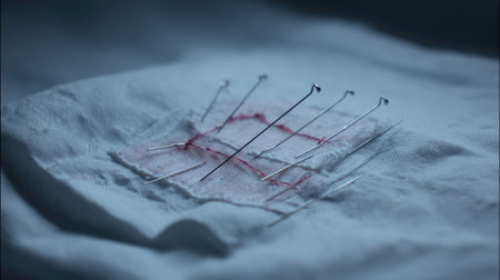 This close-up image highlights a cluster of sewing needles resting on soft fabric, showcasing the artistry involved in textile crafts and creativity.の素材