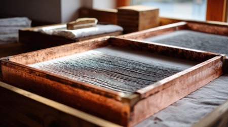 This intimate scene showcases rustic wooden trays arranged thoughtfully on a textured surface, emphasizing the beauty of craftsmanship in a cozy workshop setting.の素材