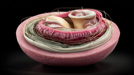 This captivating artwork features intricate layers resembling anatomical structures, showcasing stunning textures and forms. A unique fusion of art and science.の素材