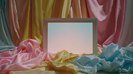 An artistic setup featuring a blank frame amid pastel fabric drapes, creating a serene and elegant background perfect for creative displays and presentations.の素材