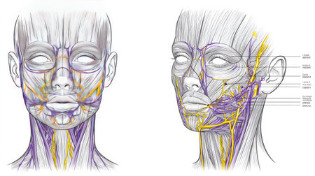This high-quality illustration highlights the intricate details of facial muscles and nerves, serving as an essential resource for students and professionals in medical fields.の素材