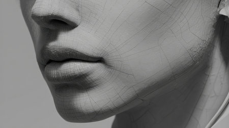 Stunning close-up of a female face showing intricate skin texture and wireframe details in a dramatic black and white presentation, emphasizing art and design.の素材