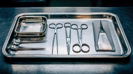 A detailed display of surgical tools on a stainless steel tray, showcasing precision instruments used in medical procedures within a sterile environment.の素材
