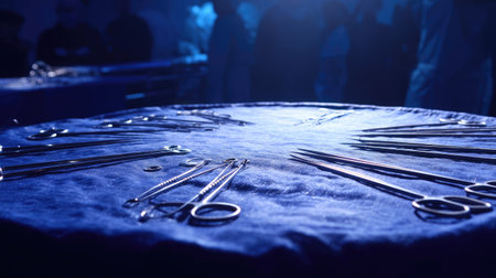 A collection of surgical instruments is elegantly spread out on a round table under soft blue lighting, highlighting their precision and importance in medical procedures.の素材