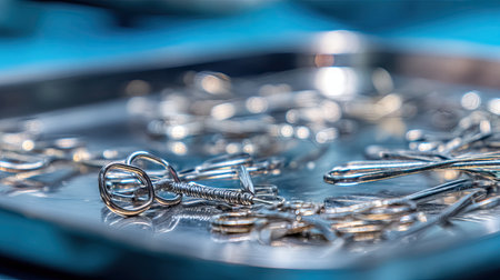 A close-up view of various surgical instruments meticulously arranged on a gleaming stainless steel tray, ideal for medical and healthcare themes.の素材