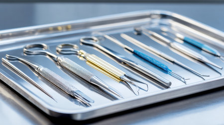 A professional collection of dental tools arranged neatly on a stainless steel tray, ideal for hygienic dental practices and oral health procedures.の素材