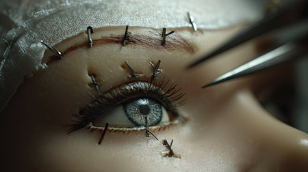 This striking close-up image showcases a mannequin's eye with intricate stitches, emphasizing meticulous craftsmanship and surreal beauty in art.の素材
