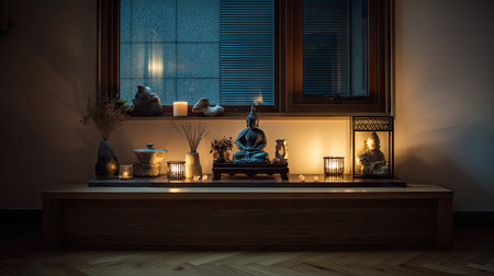 A serene interior scene featuring a Buddha statue surrounded by soft candlelight, decorative elements, and warm tones. Ideal for promoting tranquility and mindfulness.の素材