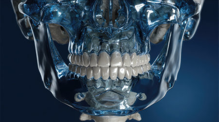 This image features a detailed transparent skull model that highlights human anatomy, particularly the dental structure. It serves as a valuable educational tool for medical studies.の素材