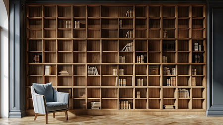 This image showcases a beautifully crafted wooden bookshelf set against a bright wall. A cozy chair invites relaxation while books add warmth and sophistication to the modern space.の素材