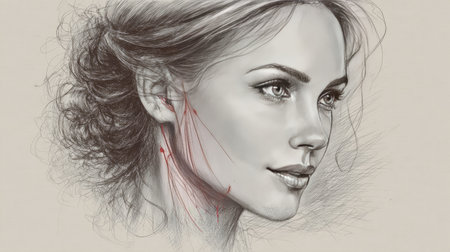 This artwork features a detailed anatomical illustration of a female face, highlighting facial muscles and nerves, combining realism and artistic flair.の素材