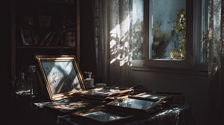 A serene artist's studio filled with empty frames and tools, illuminated by warm sunlight streaming through a window, creating a tranquil atmosphere.の素材