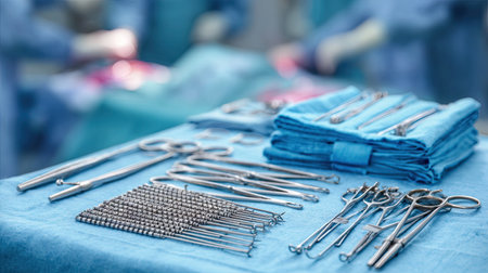 A detailed view of various surgical instruments arranged neatly on a blue cloth, showcasing the precision and organization essential for medical procedures.の素材