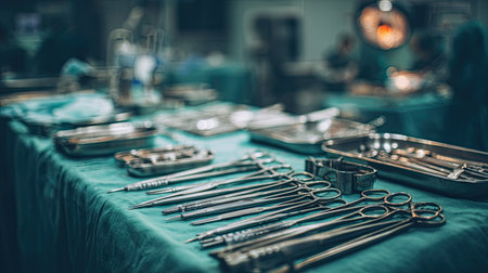 This image captures a focused view of surgical instruments arranged on a green draped table in an operating room, showcasing the meticulous preparation for a surgical procedure.の素材