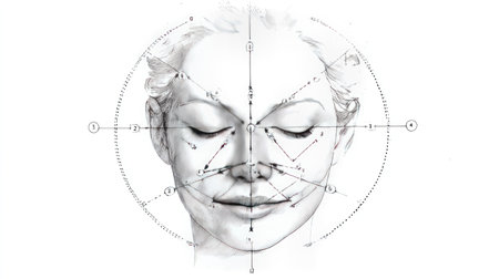This image showcases a detailed illustration focused on facial measurement techniques, emphasizing aesthetics and portrait drawing. Ideal for artists and designers exploring facial symmetry and features.の素材
