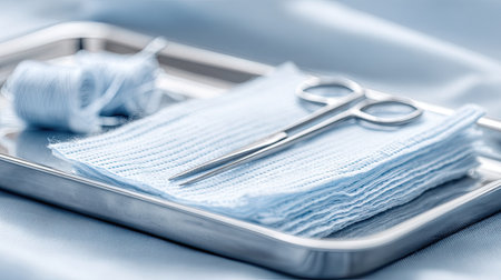 A clean and organized set of surgical tools displayed on a stainless steel tray, featuring blue cotton gauze and scissors, ready for use in medical procedures.の素材