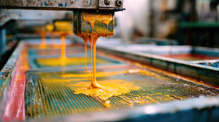 This image captures the mesmerizing flow of vibrant yellow ink in a screen printing process within a creative studio environment. Perfect for showcasing artistic craftsmanship.の素材