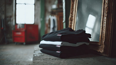 A visually appealing arrangement of black and white stacked clothing in a trendy urban space, complemented by an antique mirror reflecting the surroundings.の素材