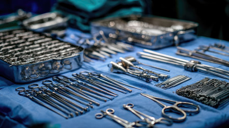 A detailed overhead view of various surgical instruments meticulously arranged on a blue tablecloth, showcasing stainless steel tools essential for medical procedures.の素材