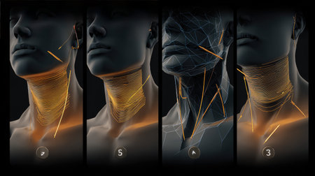 This stunning digital artwork showcases the intricacies of human neck anatomy through dynamic abstract lines, merging art and science in a visually striking representation.の素材