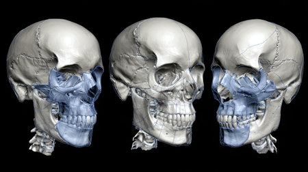 A comprehensive 3D visualization of the human skull, showcasing detailed anatomical features from various perspectives ideal for educational and professional use.の素材