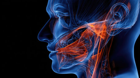 This artistic illustration captures the intricate details of human facial muscles, showcasing vibrant blue and orange tones against a dark background, ideal for educational use.の素材