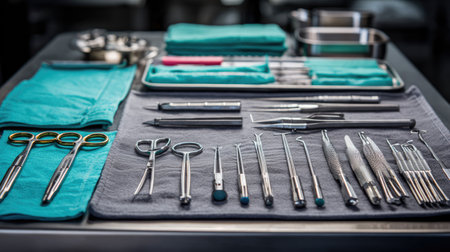 A meticulously organized setup of surgical instruments on a sterile tray showcases an array of tools for medical procedures. The setting reflects professionalism and cleanliness, essential in healthcare environments.の素材