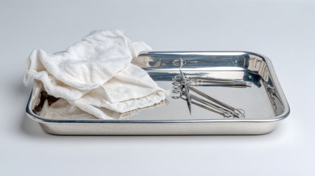 A polished stainless steel surgical tray showcasing a sterile cloth and essential medical instruments, symbolizing hygiene and preparation in healthcare settings.の素材