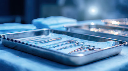 This image showcases a meticulously organized set of surgical instruments on a sterile tray in a medical facility, highlighting precision and professionalism.の素材