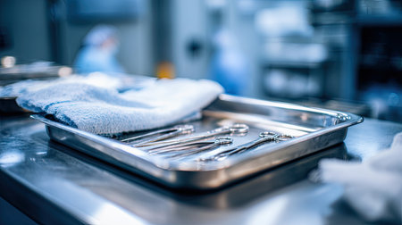 This image captures a close-up view of sterilized surgical instruments neatly arranged on a tray in a modern operating room, emphasizing hygiene and precision.の素材