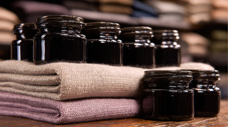 An arrangement of dark glass bottles filled with a mysterious liquid on colorful textiles creates a serene and cozy atmosphere in this rustic setting.の素材
