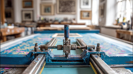 This image showcases a close-up view of a printing press in an art studio, highlighting the intricate details of the equipment surrounded by colorful artwork.の素材