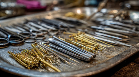 A detailed display of various medical instruments on a silver tray, showcasing tools essential for health professionals in surgical settings.の素材