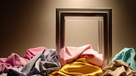 An artistic arrangement of soft, colorful pastel fabrics creating an interesting texture surrounding a framed mirror reflecting gentle ambient light.の素材