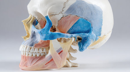 This detailed anatomical model of a human skull showcases vibrant muscle and vascular structures. It serves as an essential educational resource for anatomy enthusiasts and students alike.の素材