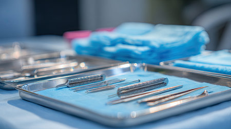 A close-up view of surgical instruments neatly arranged on a stainless steel tray, accompanied by blue sterile cloths, showcasing a clean medical environment.の素材