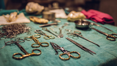 A detailed arrangement of assorted medical surgical instruments and tools displayed on a green tablecloth, enhancing the sterile environment of a clinical setting.の素材