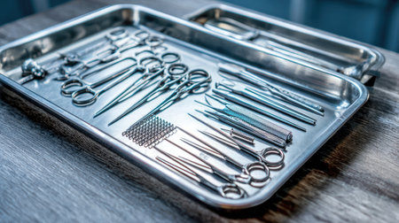 Detailed arrangement of stainless steel surgical instruments on a metal tray, ideal for medical procedures, clinical examinations, and healthcare environments.の素材