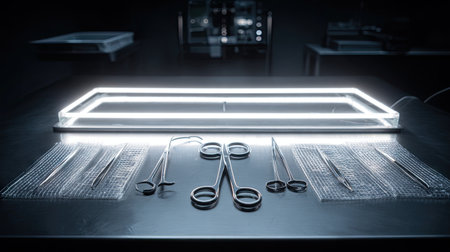 A modern surgical setup featuring various instruments meticulously arranged on a lighted table in a dimly lit operating room, emphasizing innovation in healthcare.の素材