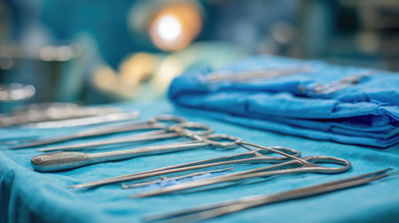 A collection of various surgical instruments arranged neatly on a blue surgical table in a well-lit operating room, showcasing the essential tools for medical procedures.の素材