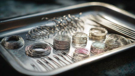 A beautifully organized metal tray holds various silver wires and crafting tools. The perfect shot for showcasing creative materials in a workspace.の素材