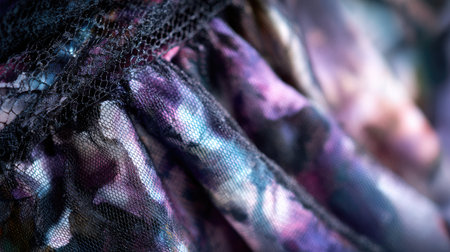 This close-up image captures the intricate details of colorful sheer fabric adorned with floral patterns, showcasing beauty and elegance in textile design.の素材